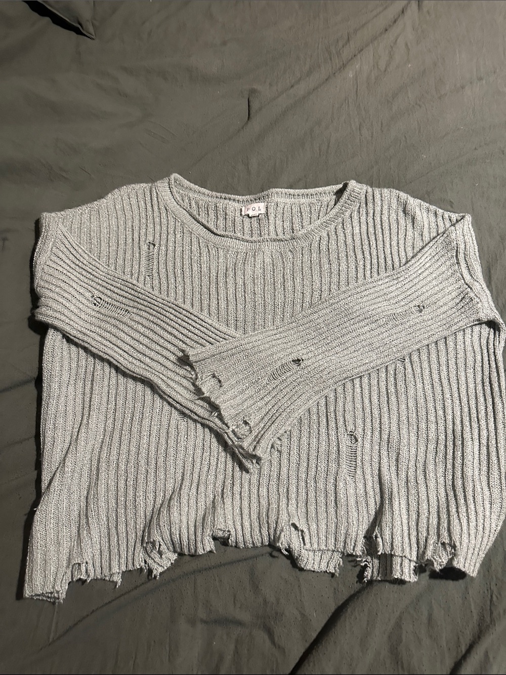 POL Light Grey Ribbed Crewneck Sweater distressed light weight super cute